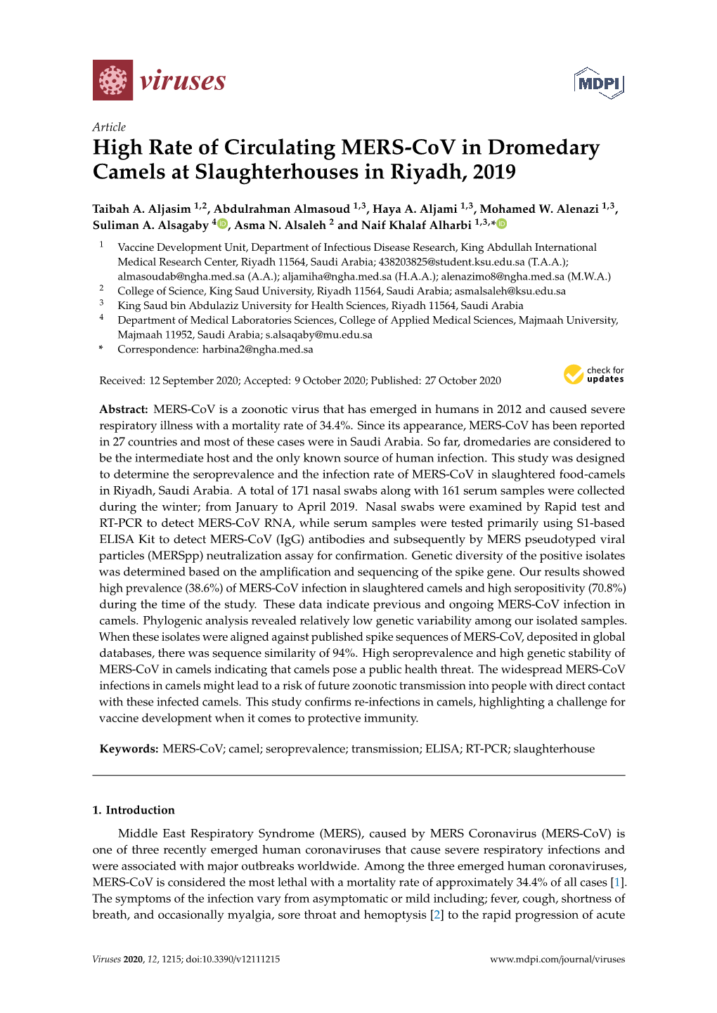 High Rate of Circulating MERS-Cov in Dromedary Camels at Slaughterhouses in Riyadh, 2019