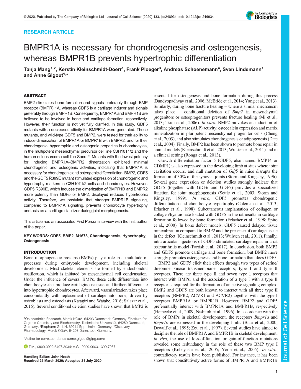 BMPR1A Is Necessary for Chondrogenesis and Osteogenesis