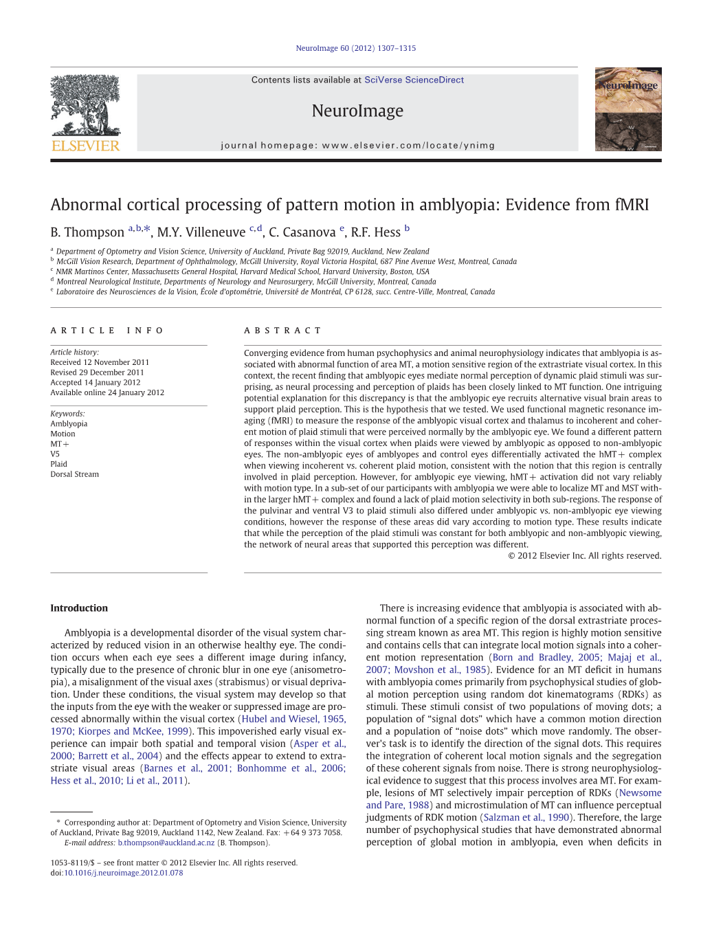 Abnormal Cortical Processing of Pattern Motion in Amblyopia: Evidence from Fmri