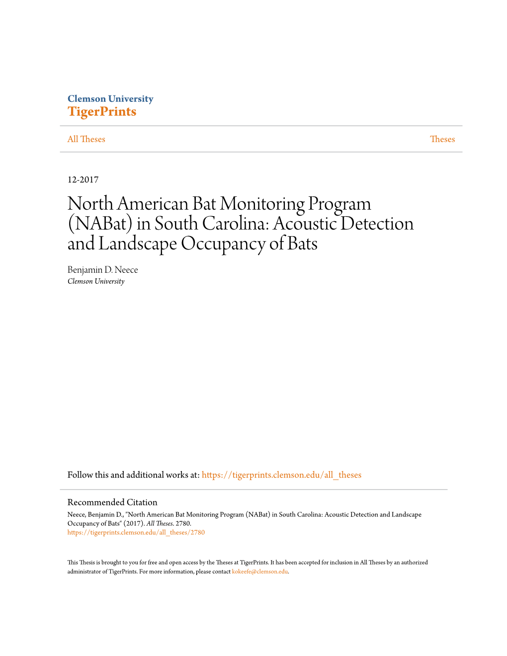 North American Bat Monitoring Program (Nabat) in South Carolina: Acoustic Detection and Landscape Occupancy of Bats Benjamin D