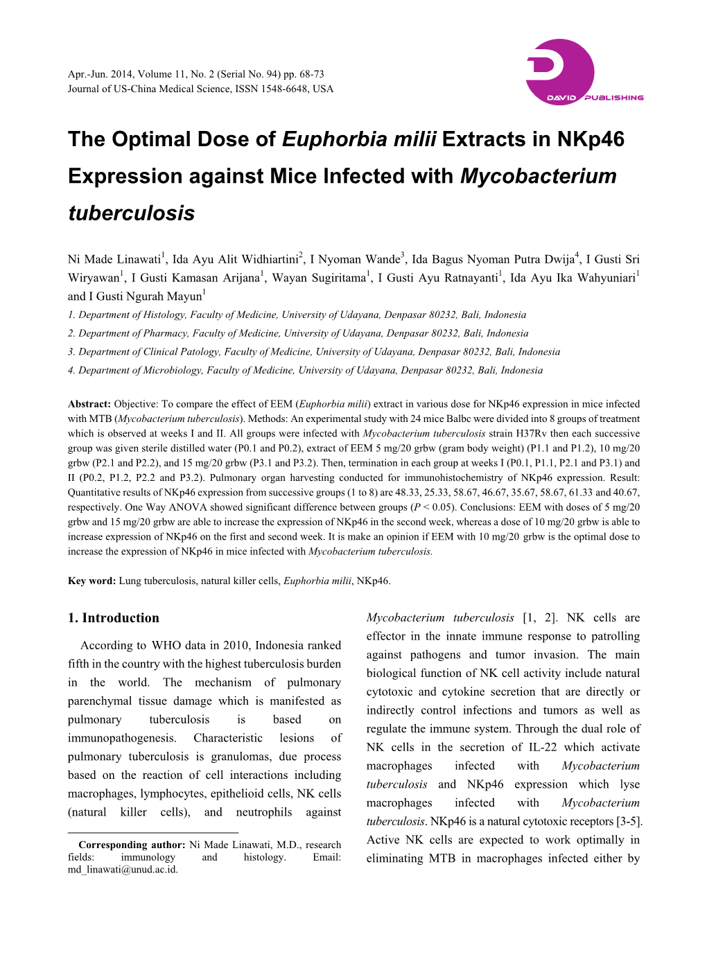The Optimal Dose of Euphorbia Milii Extracts in Nkp46 Expression Against Mice Infected with Mycobacterium Tuberculosis