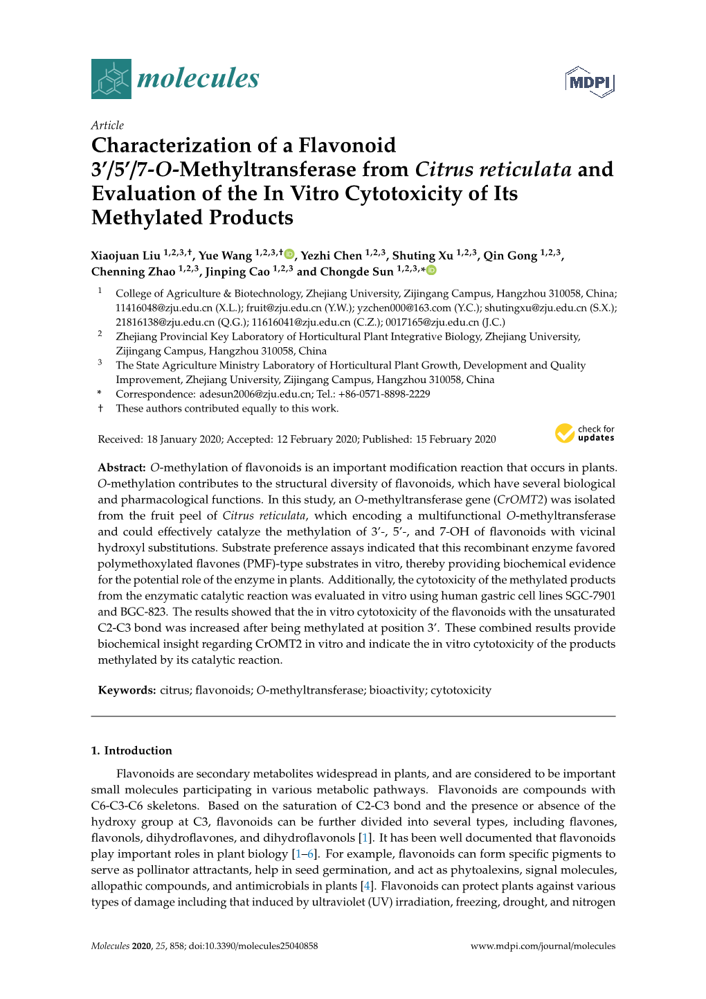 Characterization of a Flavonoid 3'/5'/7-O-Methyltransferase