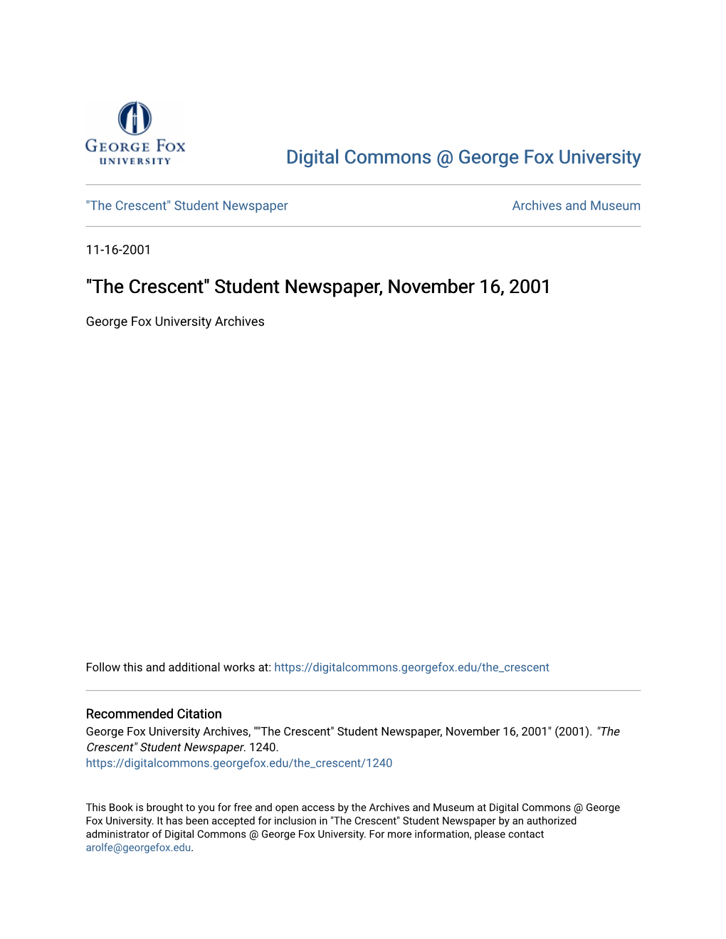 "The Crescent" Student Newspaper, November 16, 2001