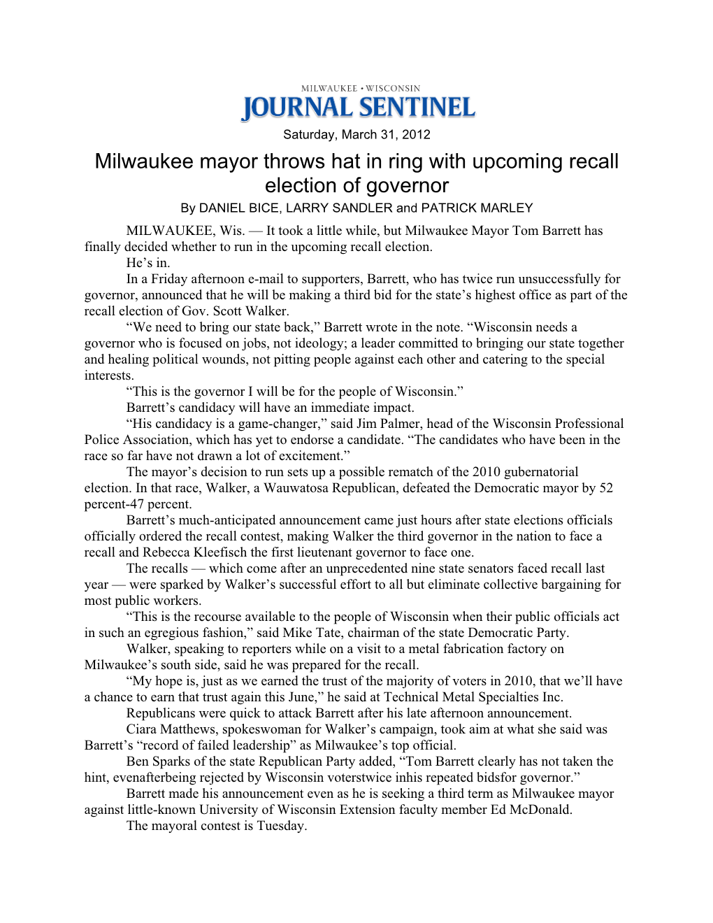 Milwaukee Mayor Throws Hat in Ring with Upcoming Recall Election of Governor by DANIEL BICE, LARRY SANDLER and PATRICK MARLEY MILWAUKEE, Wis