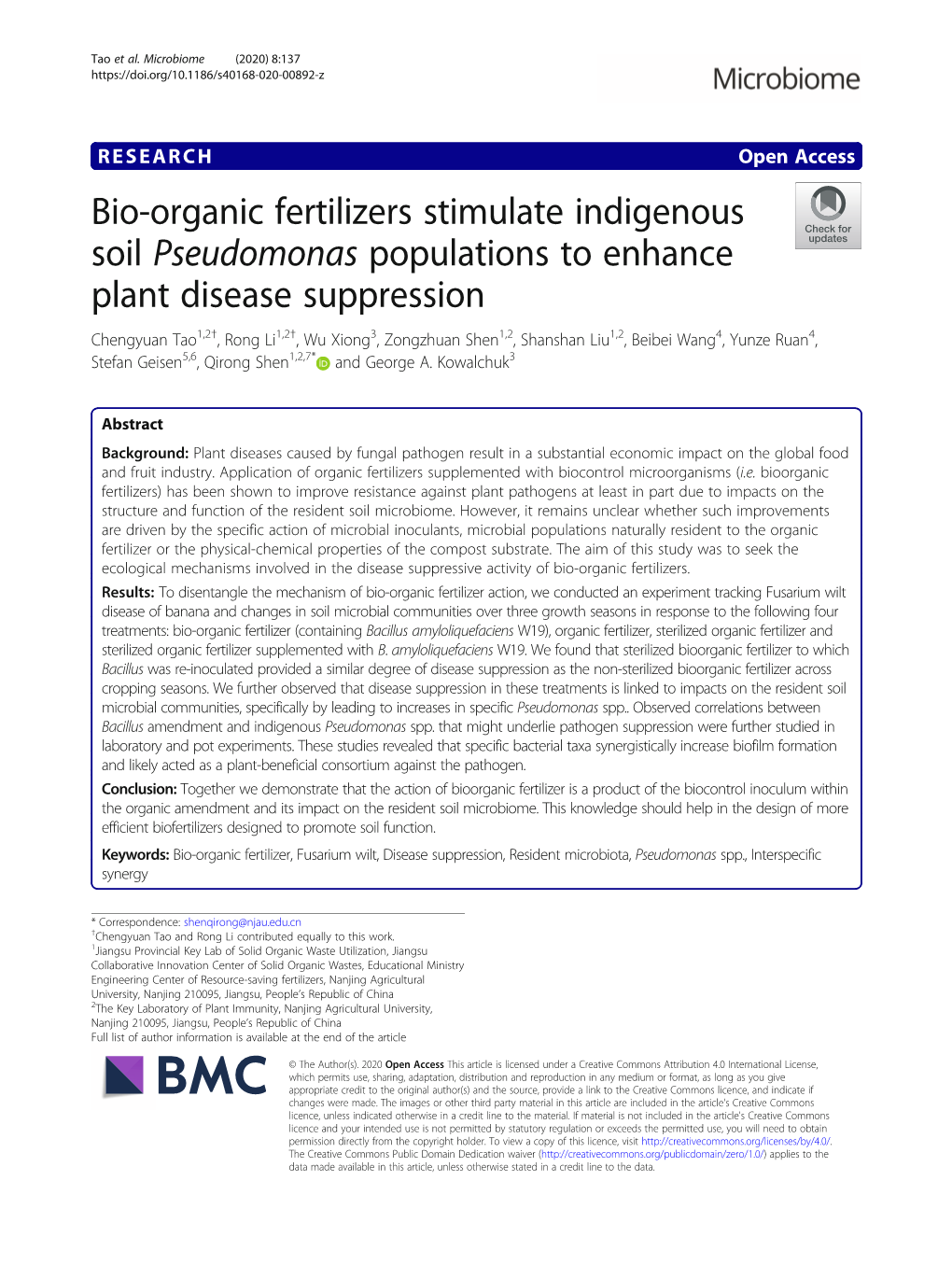 Bio-Organic Fertilizers Stimulate Indigenous Soil Pseudomonas Populations to Enhance Plant Disease Suppression