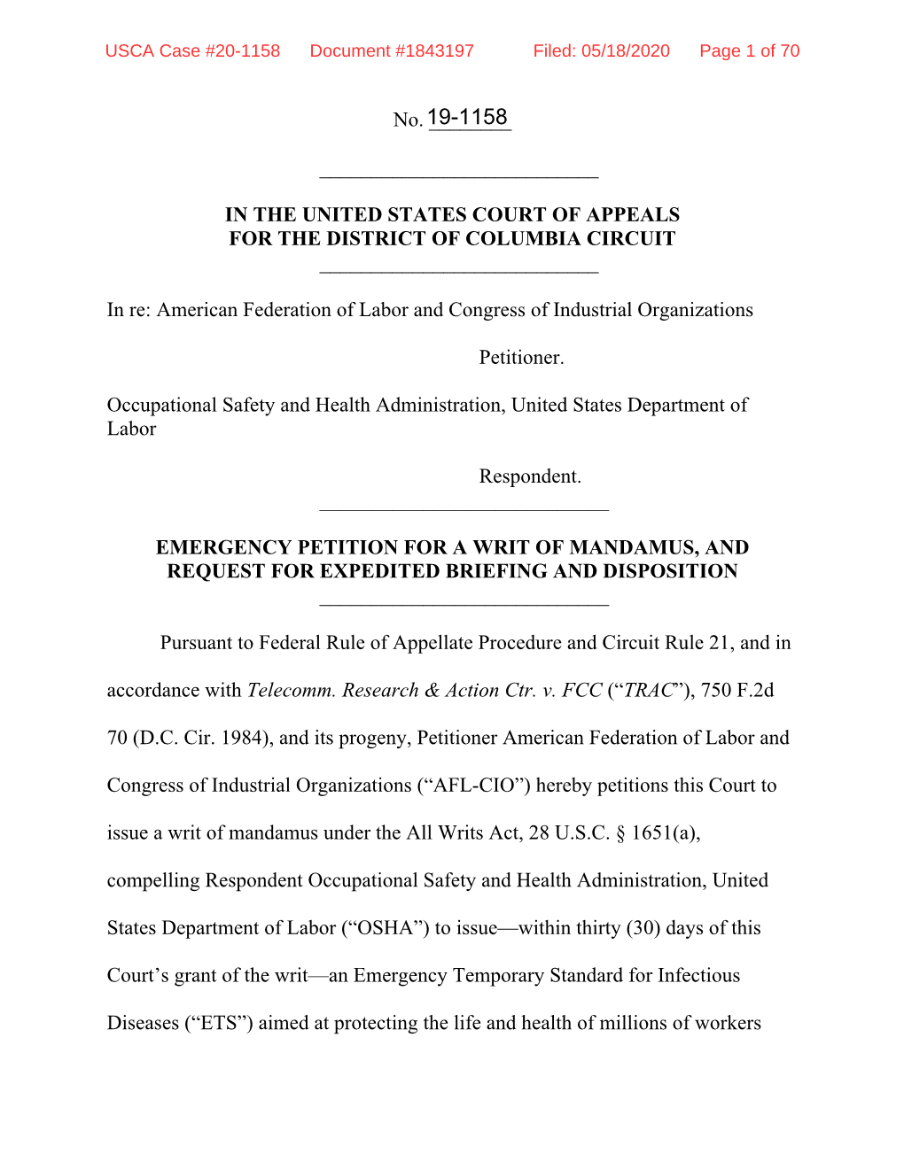 Emergency Petition for Writ of Mandamus -- in Re AFL-CIO