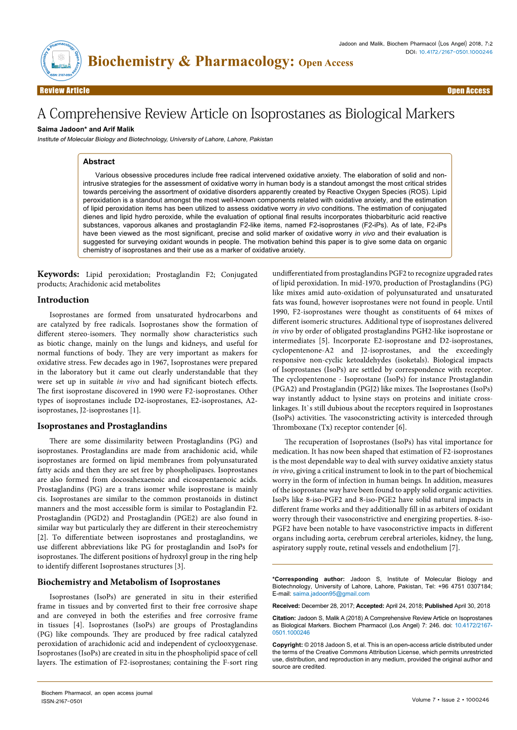 A Comprehensive Review Article on Isoprostanes As Biological Markers