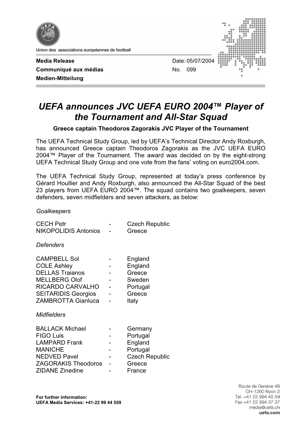 UEFA Announces JVC UEFA EURO 2004™ Player of the Tournament and All-Star Squad