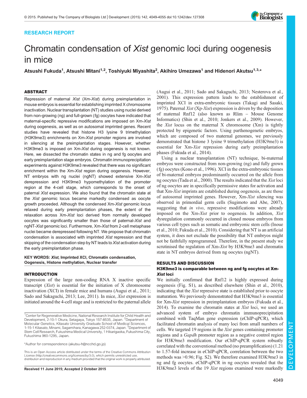 Chromatin Condensation of Xist Genomic Loci During Oogenesis In