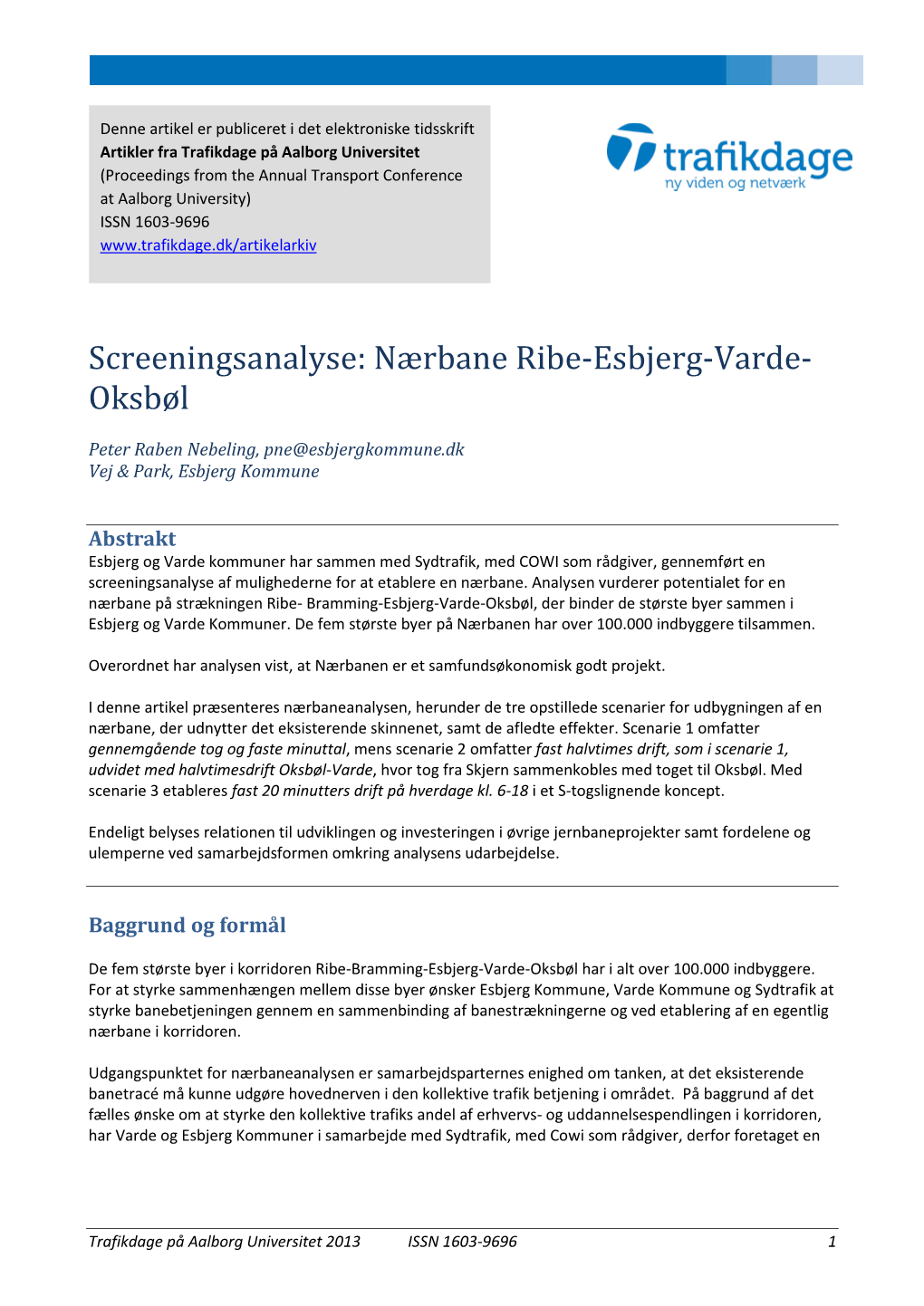 Screeningsanalyse: Nærbane Ribe-Esbjerg-Varde- Oksbøl