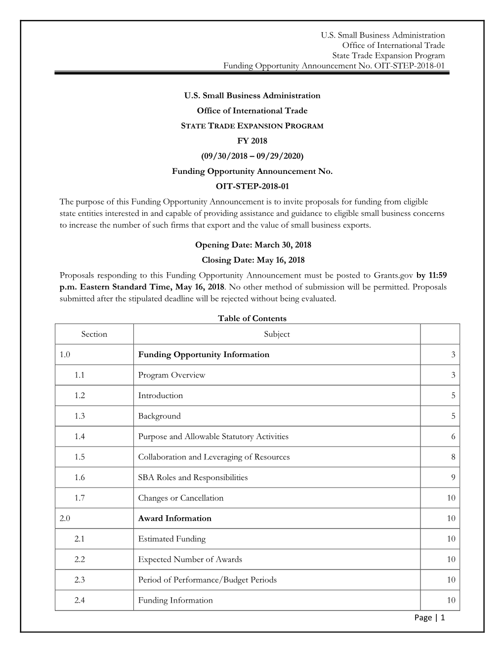 U.S. Small Business Administration Office of International Trade State Trade Expansion Program Funding Opportunity Announcement No