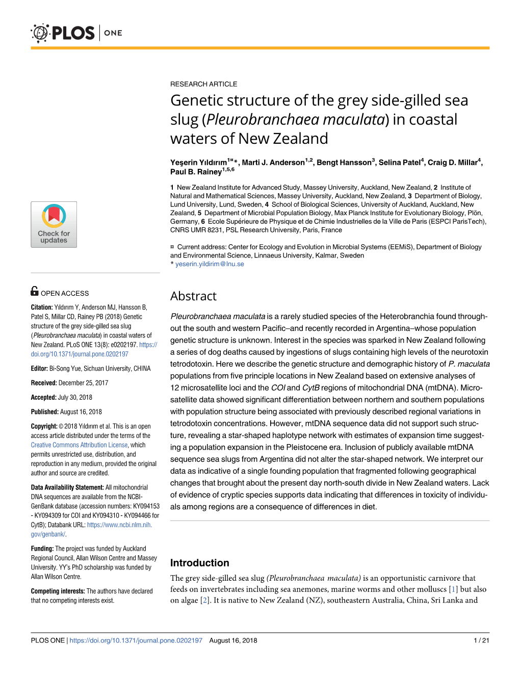 Genetic Structure of the Grey Side-Gilled Sea Slug (Pleurobranchaea Maculata) in Coastal Waters of New Zealand