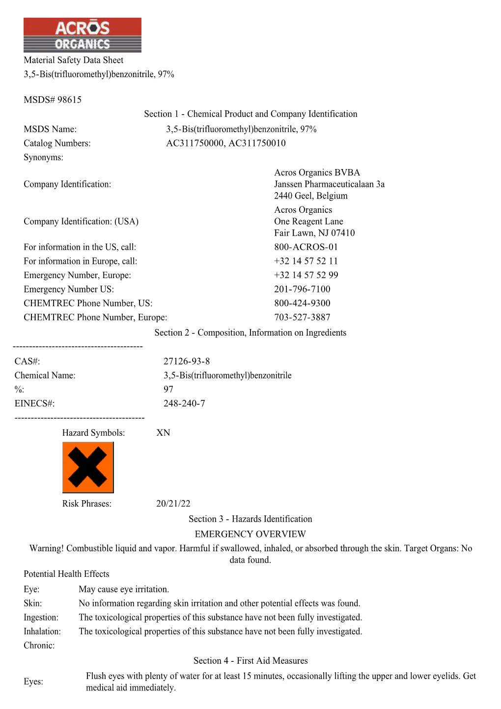 Benzonitrile, 97% MSDS# 98615 Section 1