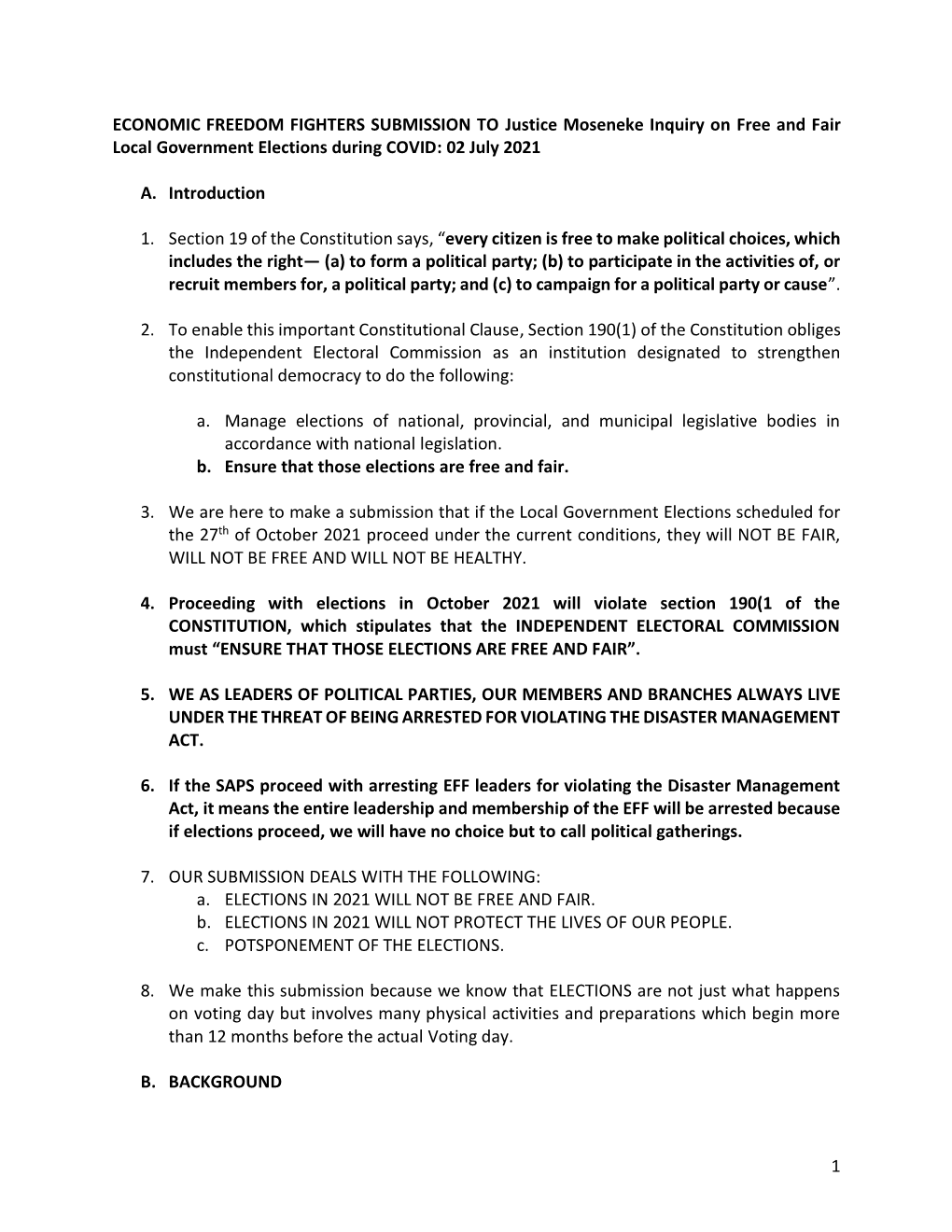 ECONOMIC FREEDOM FIGHTERS SUBMISSION to Justice Moseneke Inquiry on Free and Fair Local Government Elections During COVID: 02 July 2021