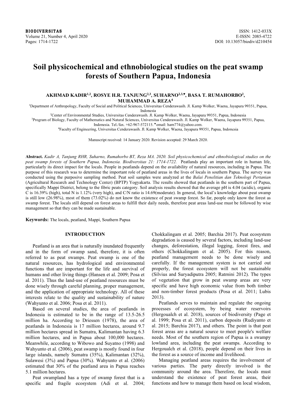 Soil Physicochemical and Ethnobiological Studies on the Peat Swamp Forests of Southern Papua, Indonesia