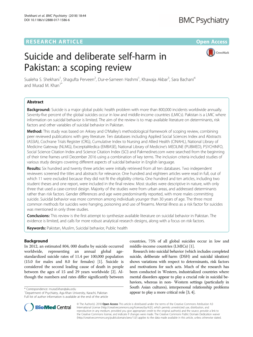 Suicide and Deliberate Self-Harm in Pakistan: a Scoping Review Sualeha S