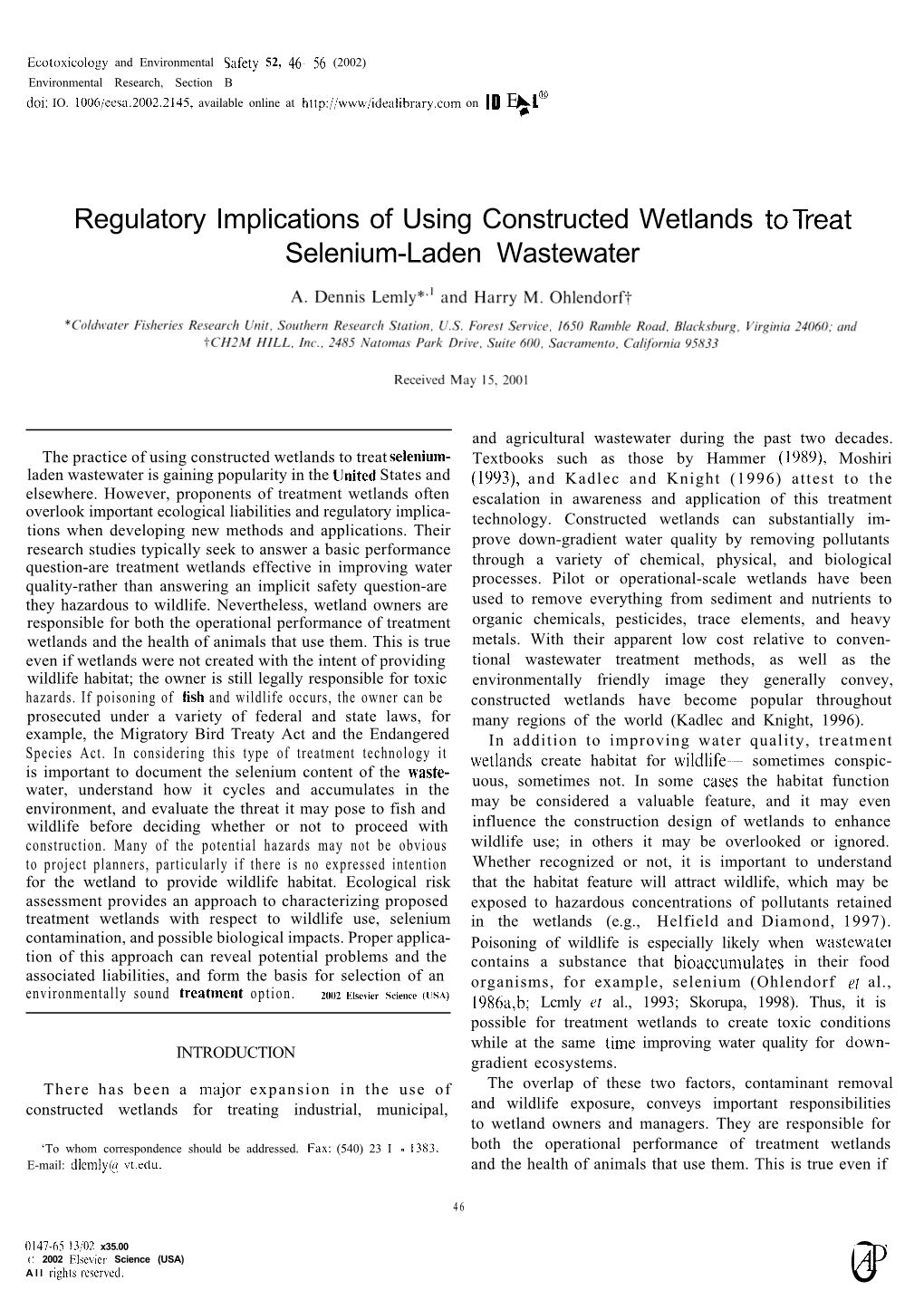 Regulatory Implications of Using Constructed Wetlands Totreat Selenium-Laden Wastewater