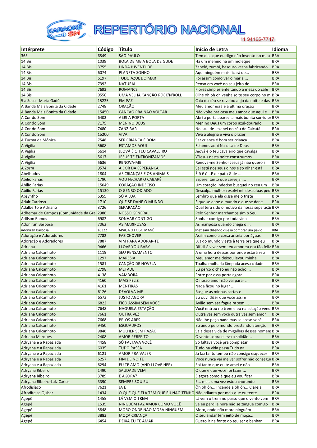 Intérprete Código Título Início De Letra Idioma