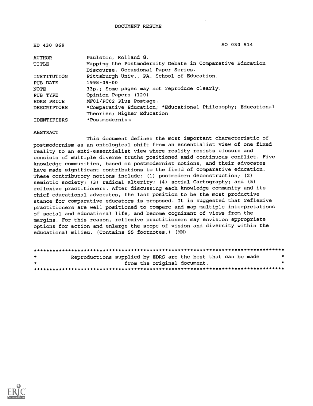 Mapping the Postmodernity Debate in Comparative Education Discourse