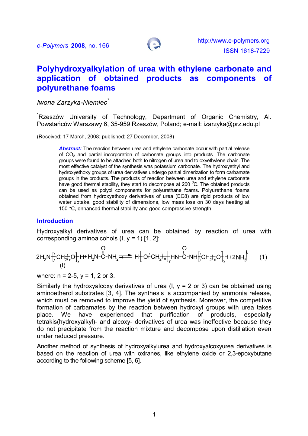 Polyhydroxyalkylation of Urea with Ethylene Carbonate and Application of Obtained Products As Components of Polyurethane Foams