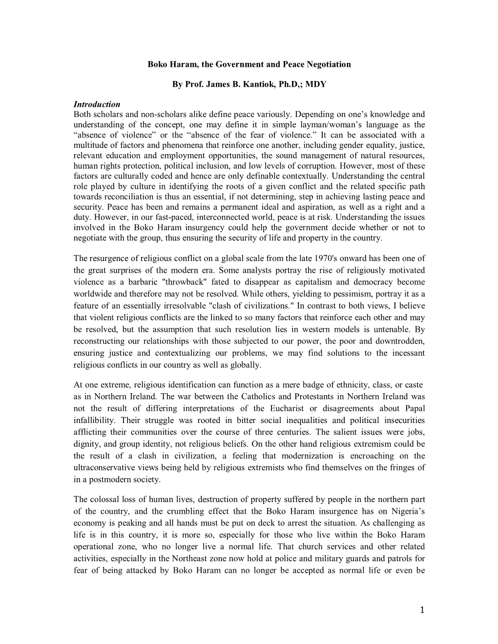 Boko Haram, the Government and Peace Negotiation by Prof. James