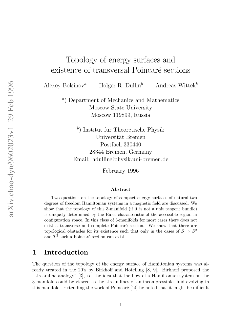Topology of Energy Surfaces and Existence of Transversal Poincaré Sections