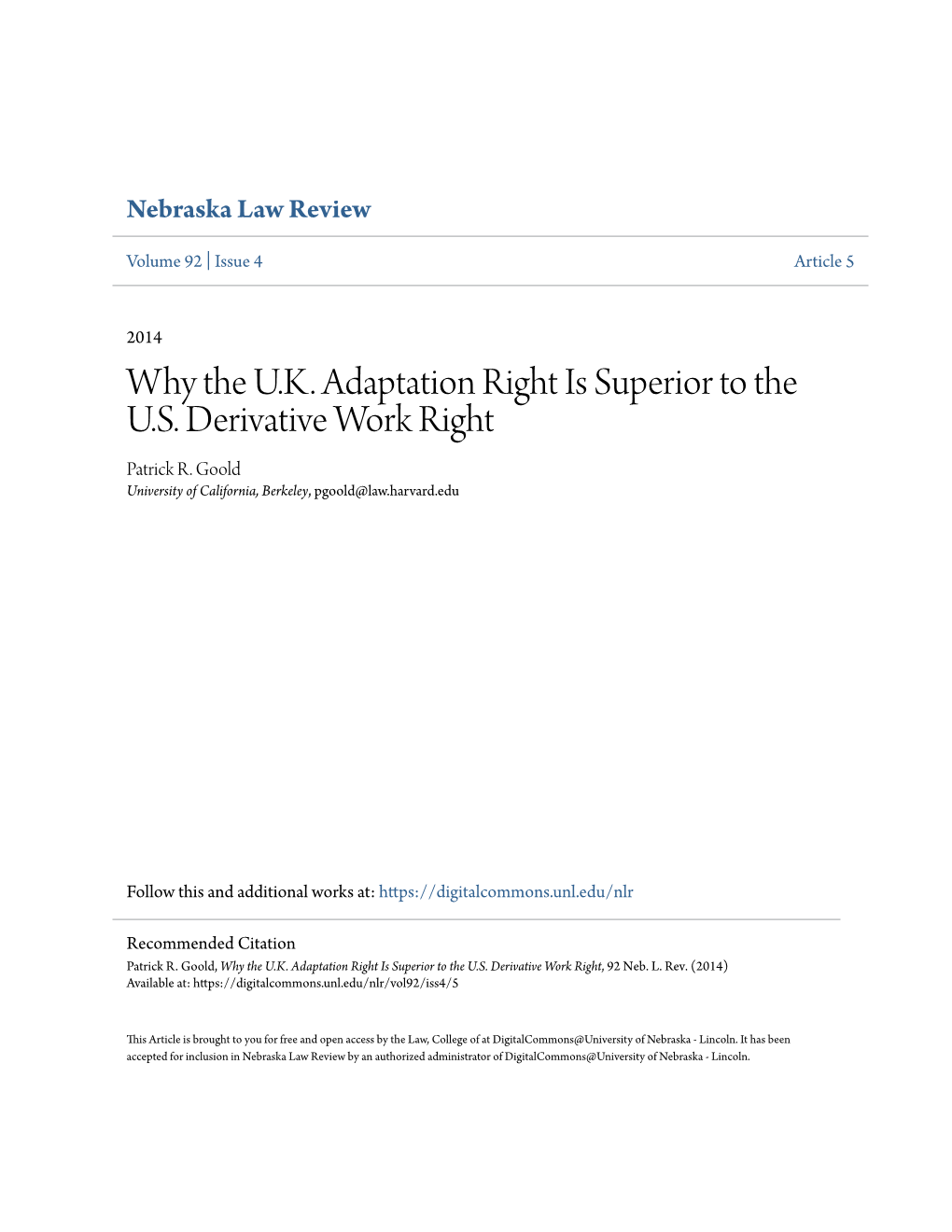 Why the U.K. Adaptation Right Is Superior to the U.S. Derivative Work Right Patrick R