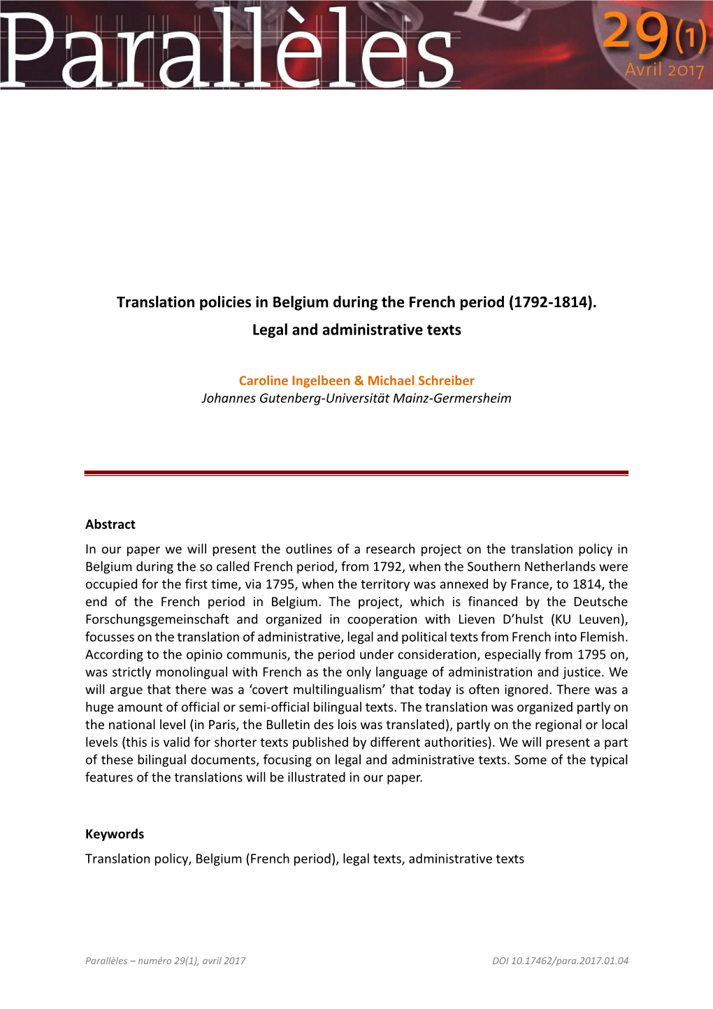 Translation Policies in Belgium During the French Period (1792-1814). Legal and Administrative Texts