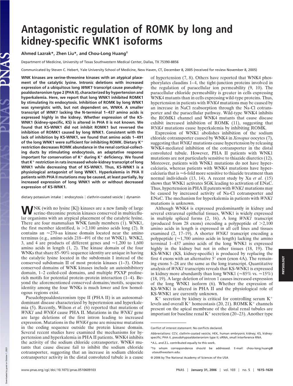 Antagonistic Regulation of ROMK by Long and Kidney-Specific WNK1 Isoforms