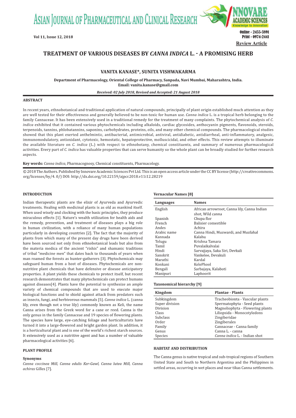 Treatment of Various Diseases by Canna Indica L