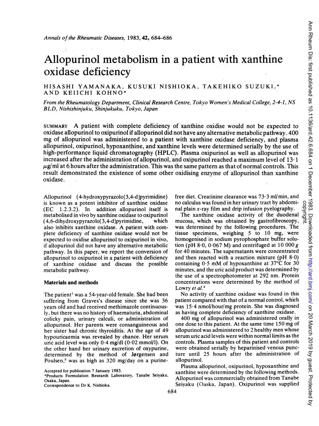 Allopurinol Metabolism in a Patient with Xanthine Oxidase Deficiency