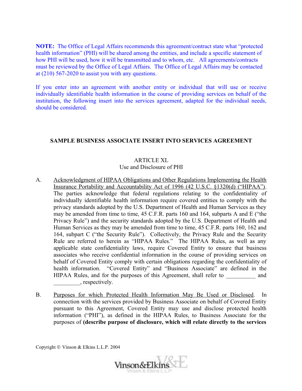 LA 82-1 BUSINESS ASSOCIATE INSERT INTO SERVICES AGREEMENT (Replaces LA 11-2)