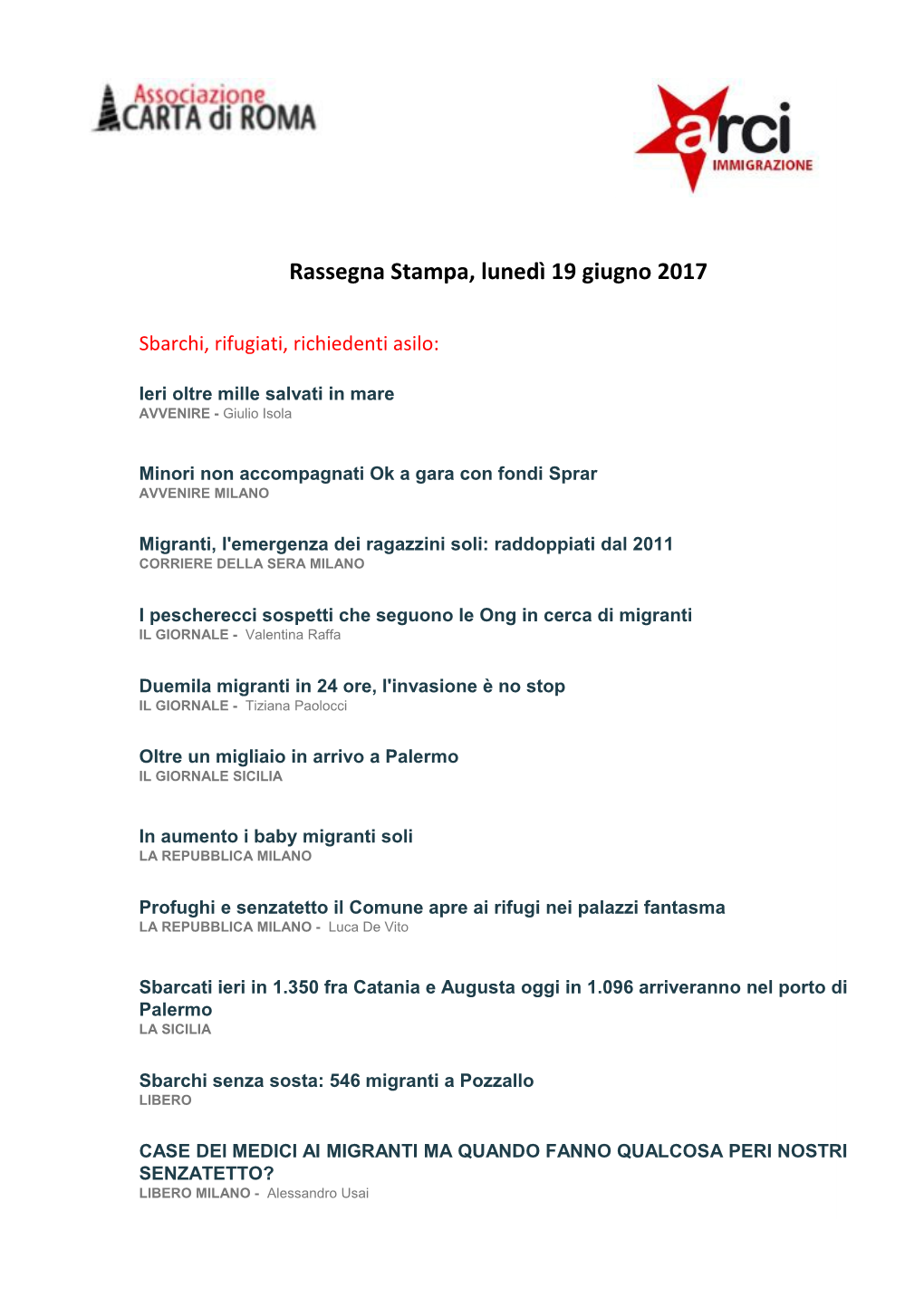 Rassegna Stampa, Lunedì 19 Giugno 2017