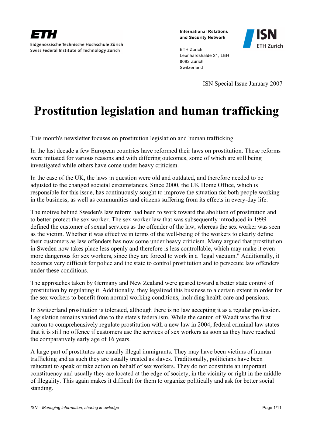 Prostitution Legislation and Human Trafficking