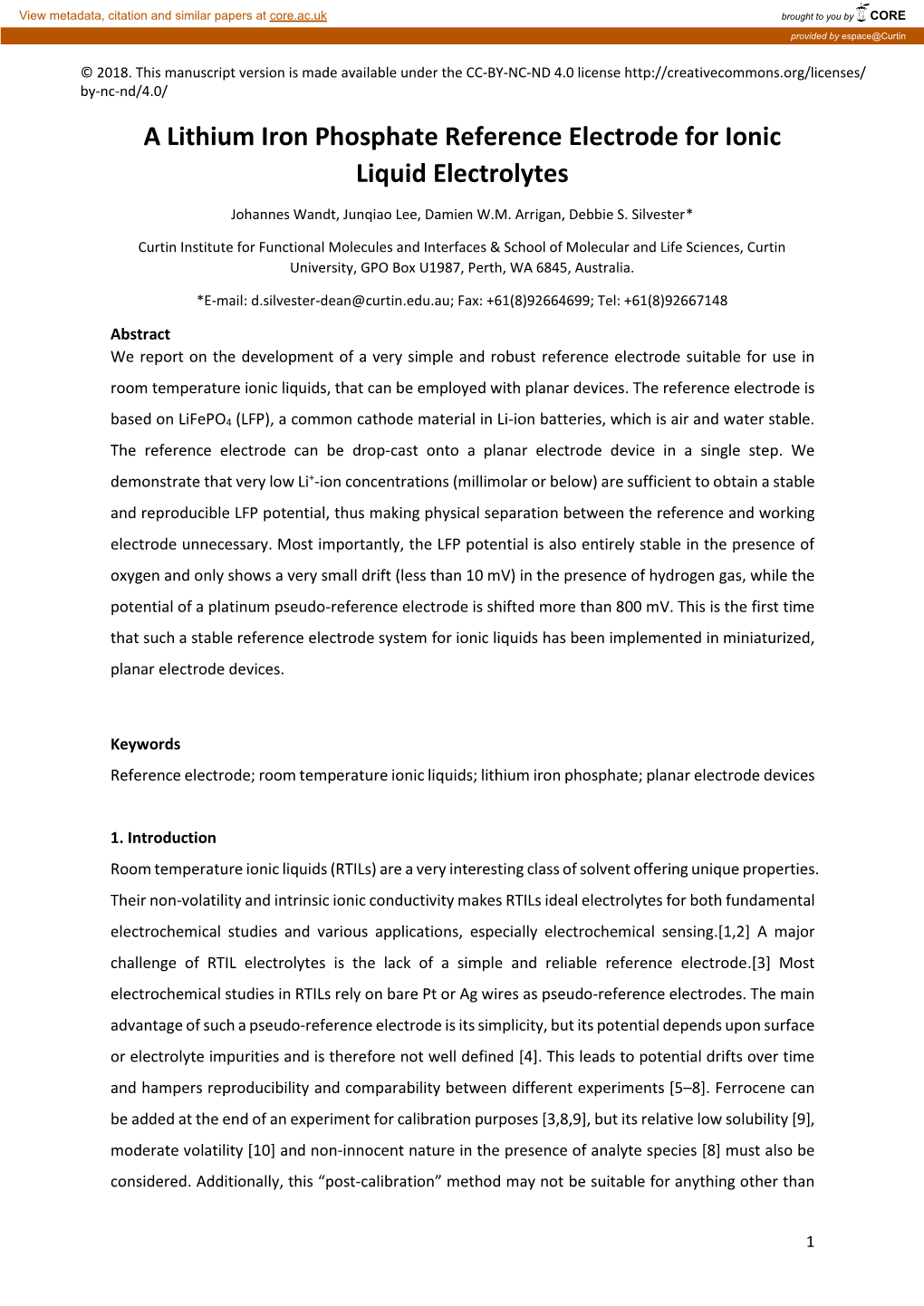 A Lithium Iron Phosphate Reference Electrode for Ionic Liquid Electrolytes