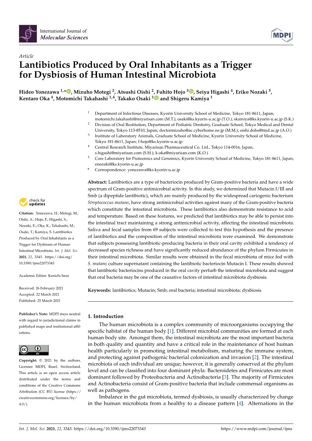 Lantibiotics Produced by Oral Inhabitants As a Trigger for Dysbiosis of Human Intestinal Microbiota