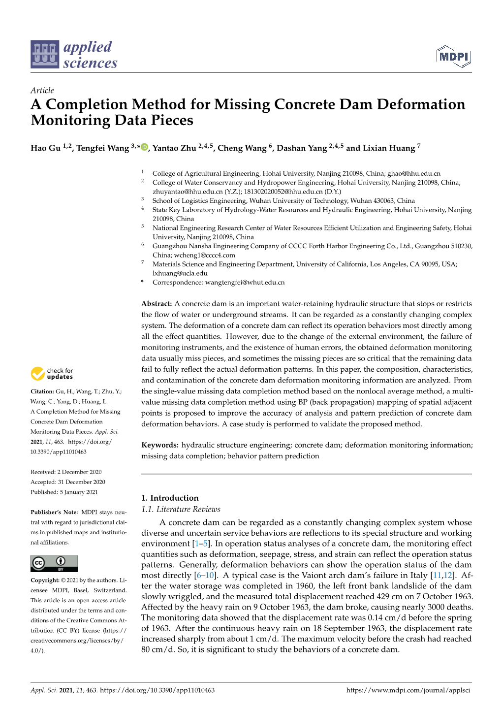 A Completion Method for Missing Concrete Dam Deformation Monitoring Data Pieces