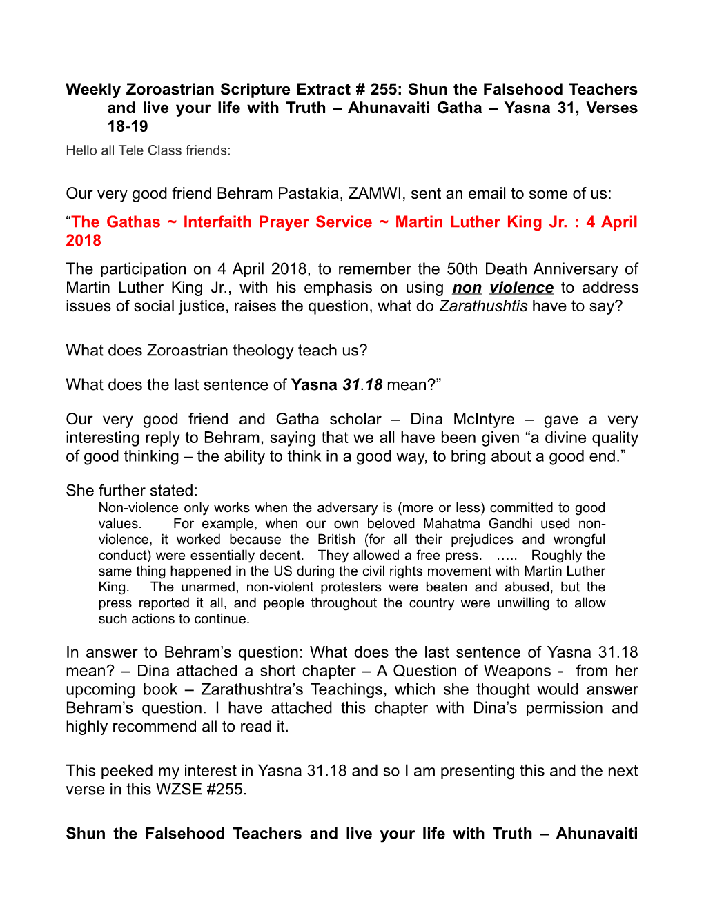 Weekly Zoroastrian Scripture Extract # 255: Shun The