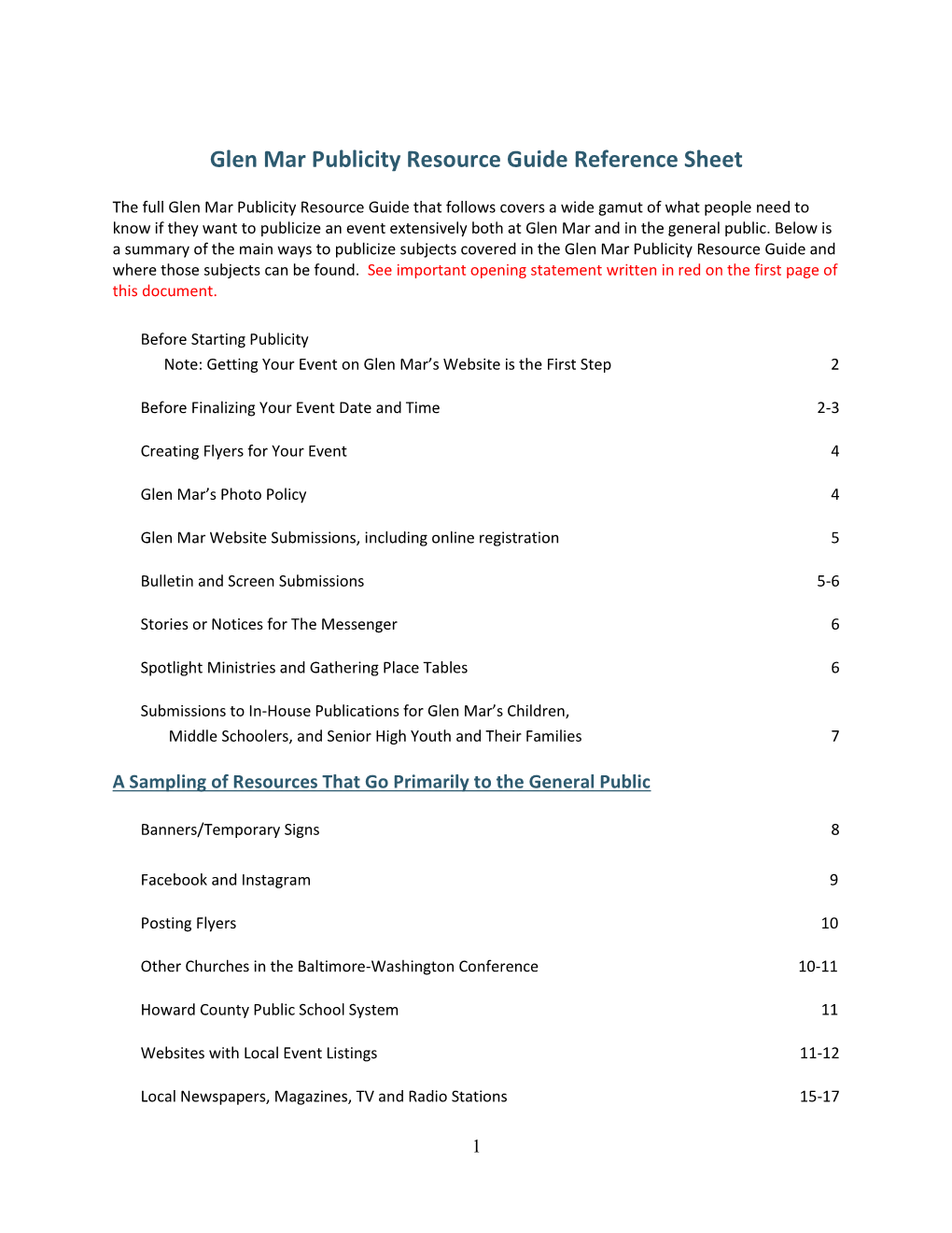 Glen Mar Publicity Resource Guide Reference Sheet