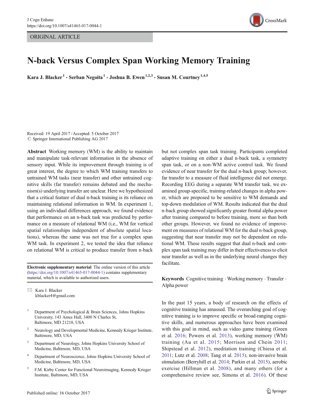 N-Back Versus Complex Span Working Memory Training