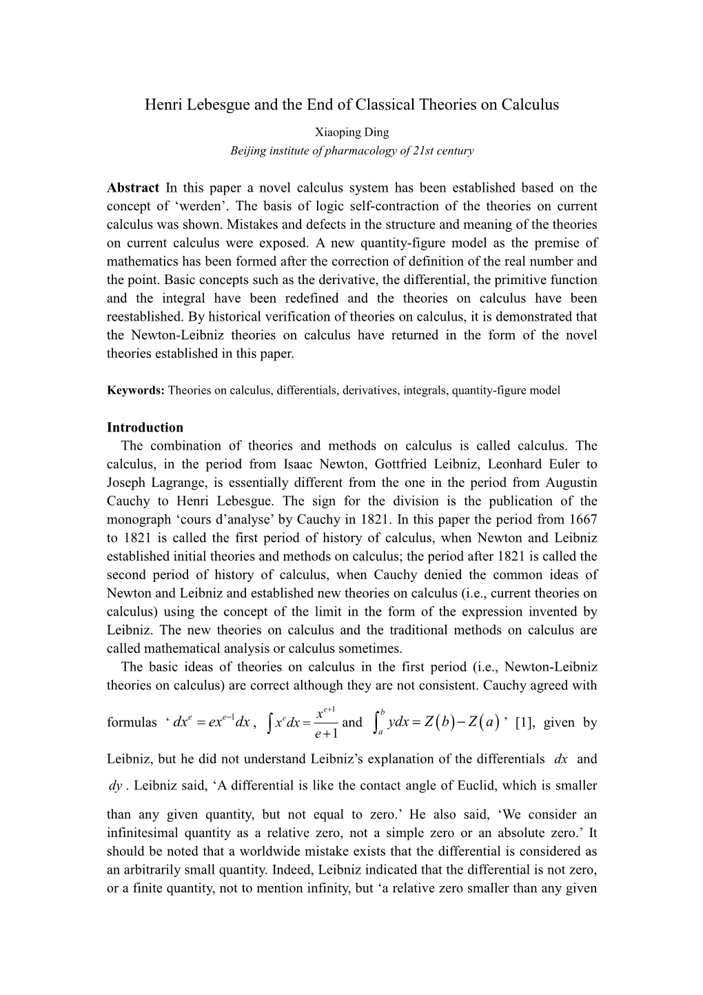 Henri Lebesgue and the End of Classical Theories on Calculus