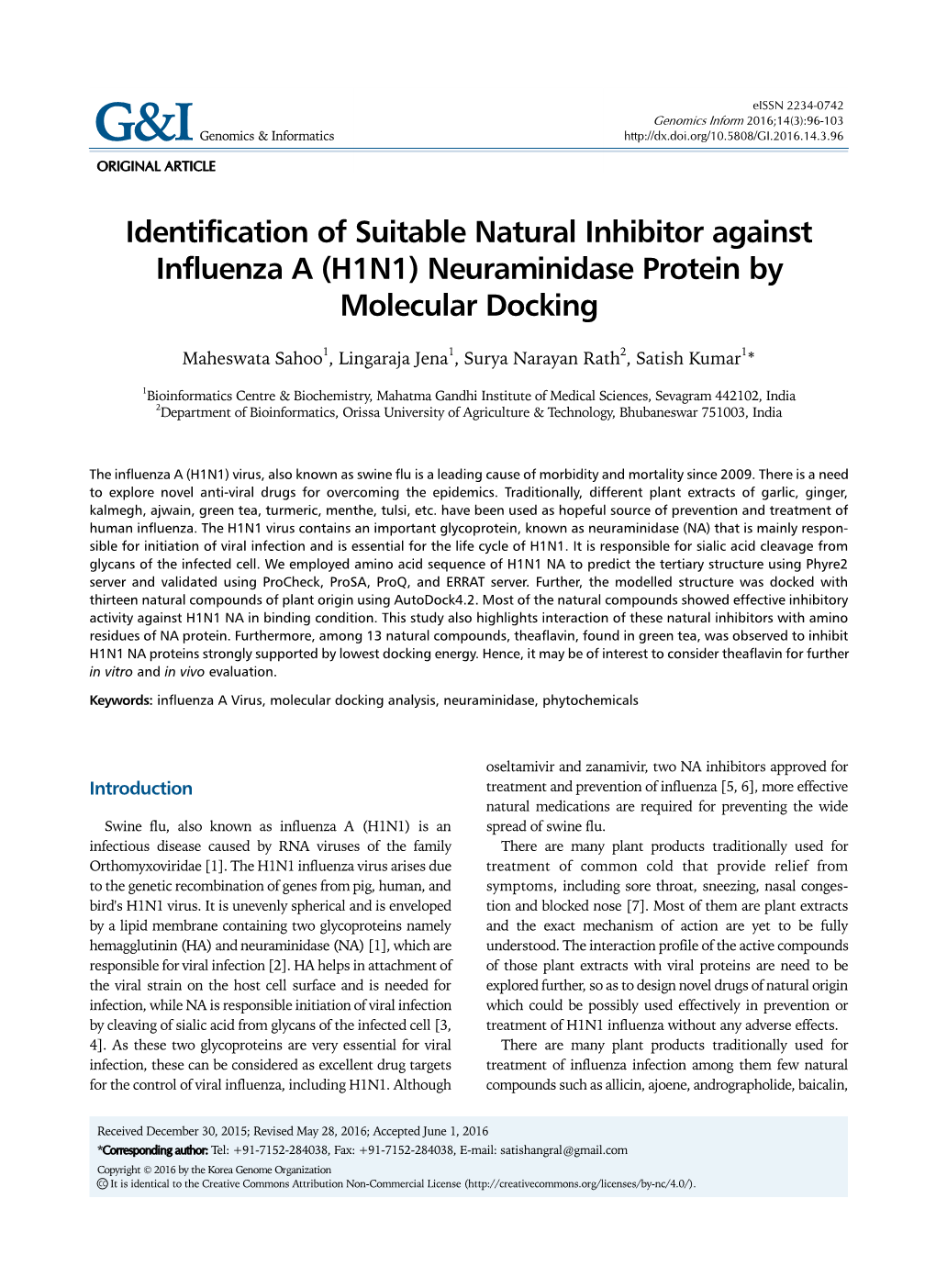 (H1N1) Neuraminidase Protein by Molecular Docking