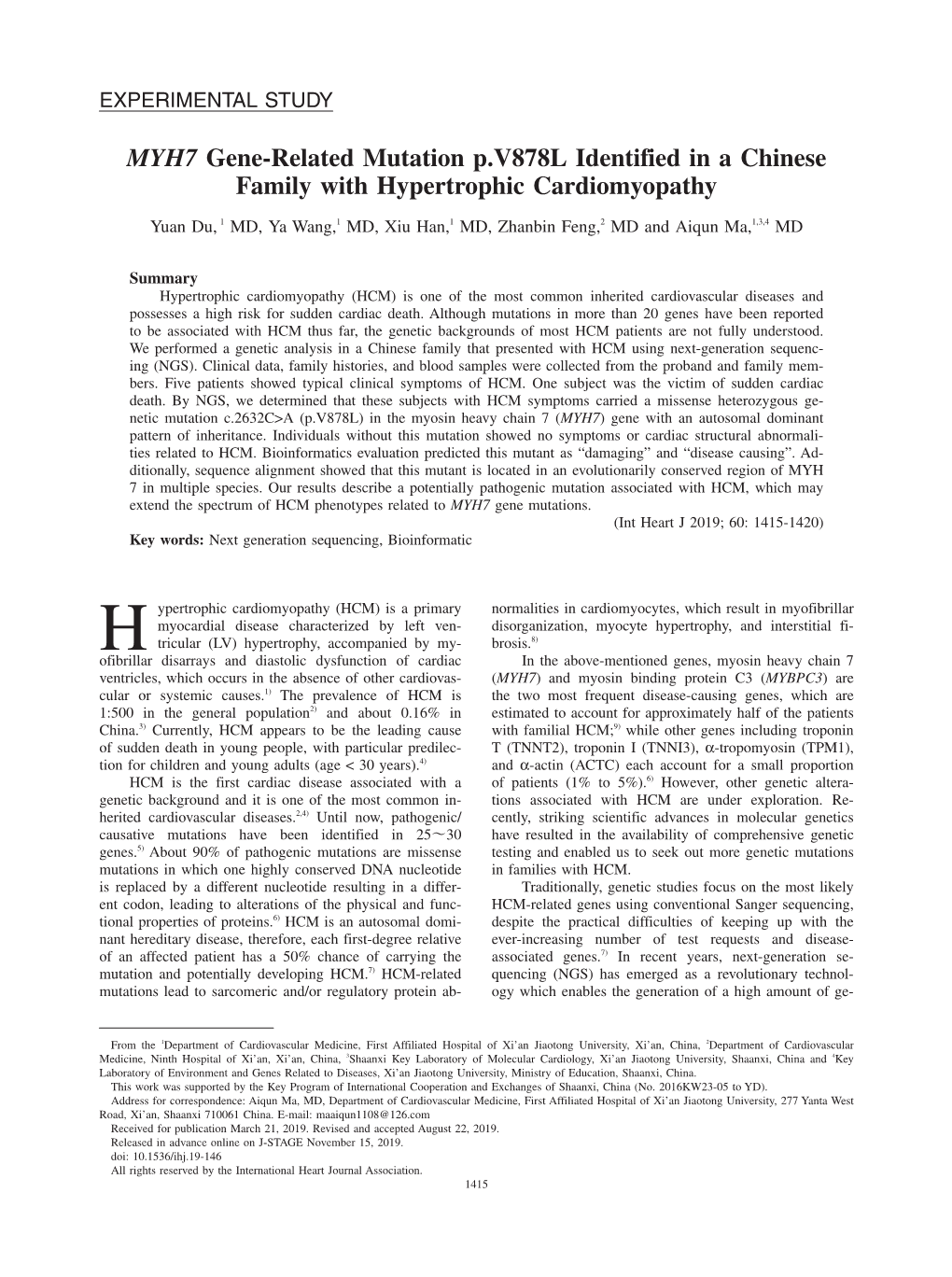 MYH7 Gene-Related Mutation P.V878L Identified in a Chinese Family with Hypertrophic Cardiomyopathy