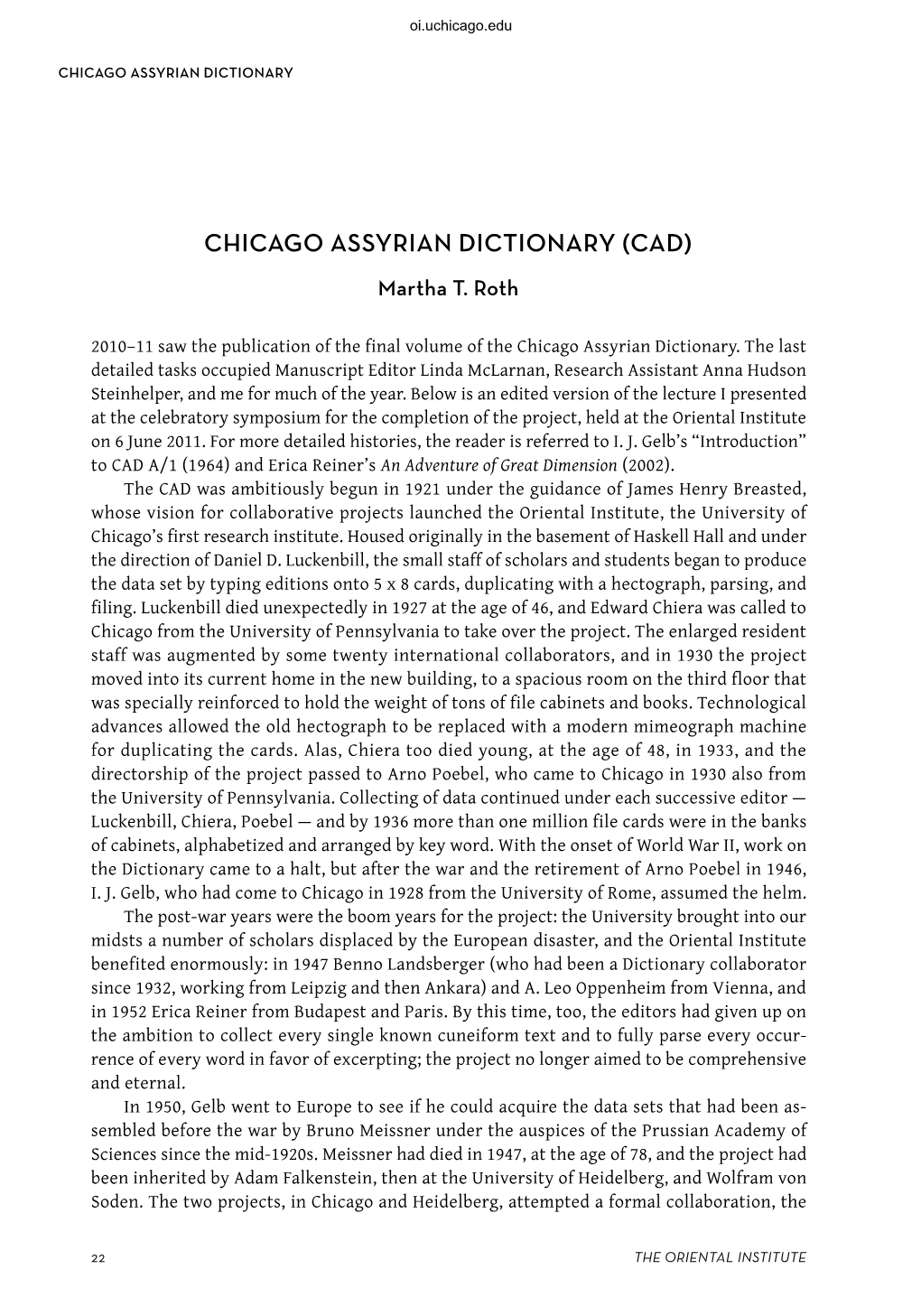 CHICAGO ASSYRIAN DICTIONARY (CAD) Martha T