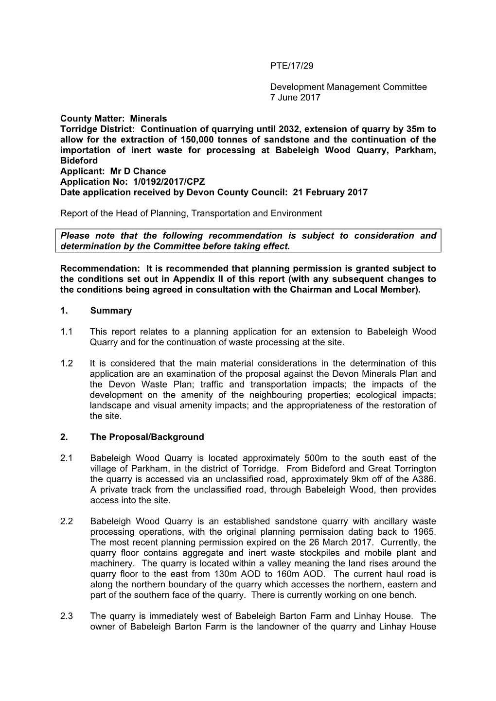 Minerals Torridge District: Continuation of Quarrying Un