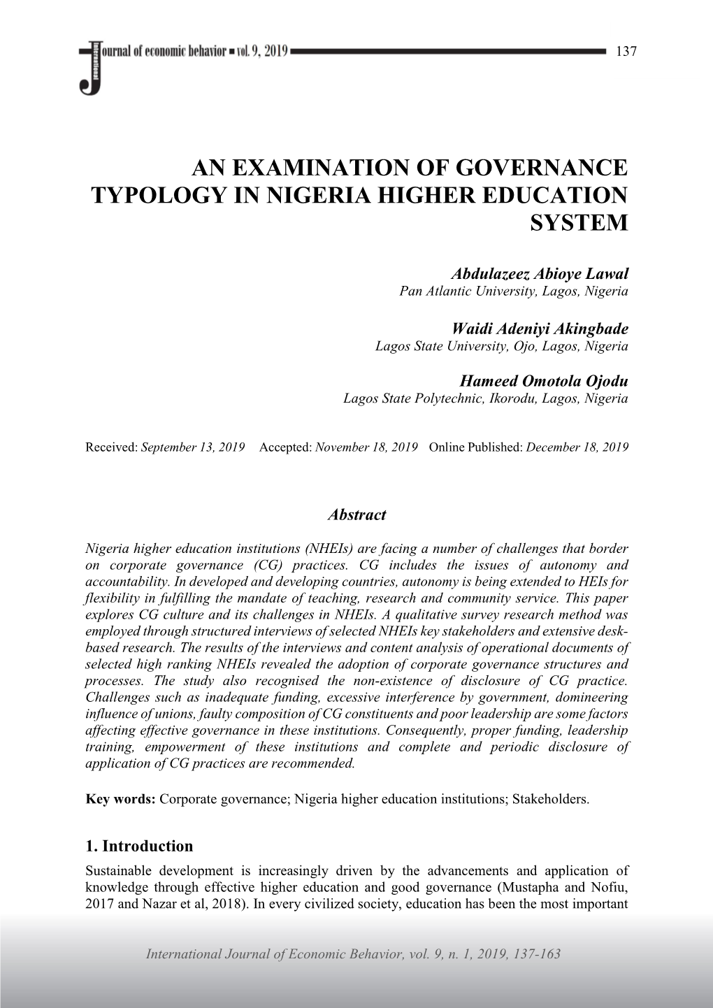 An Examination of Governance Typology in Nigeria Higher Education System