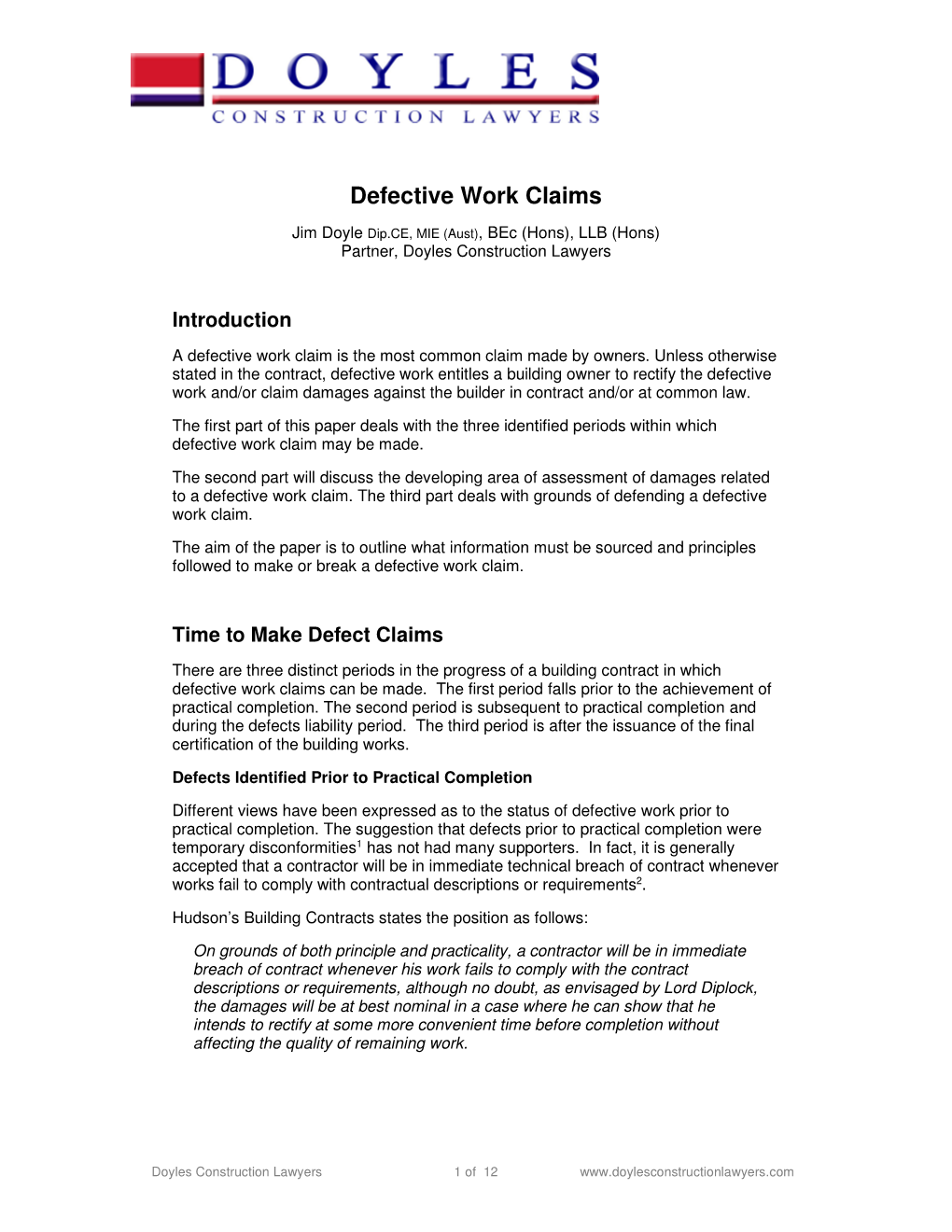 Defective Work Claims