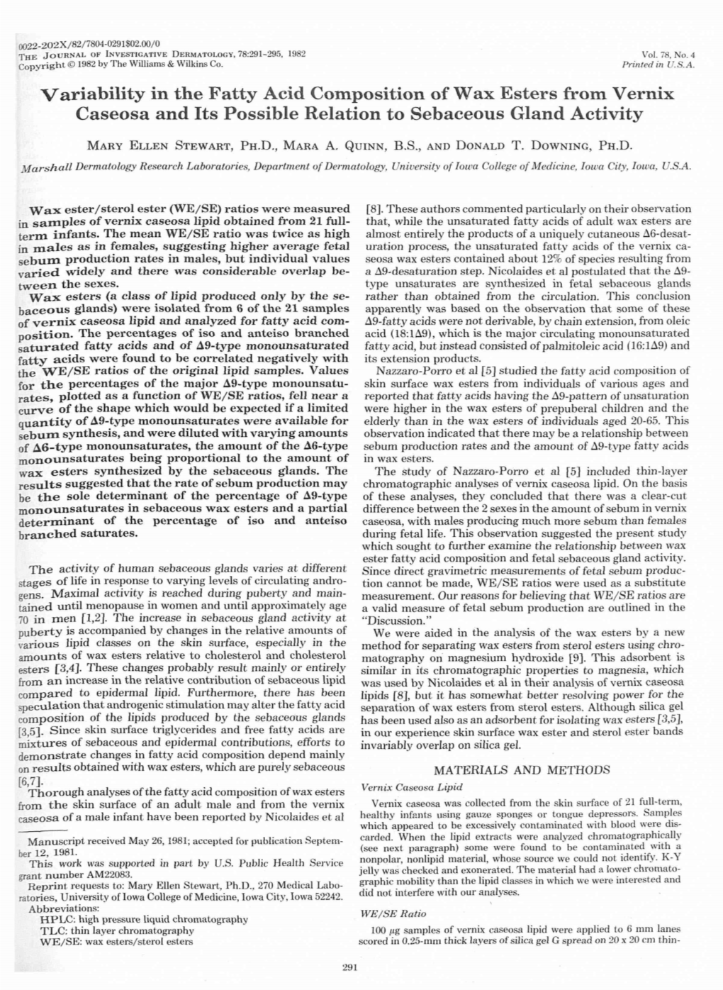 Variability in the Fatty Acid Composition of Wax Esters from Vernix Caseosa and Its Possible Relation to Sebaceous Gland Activity