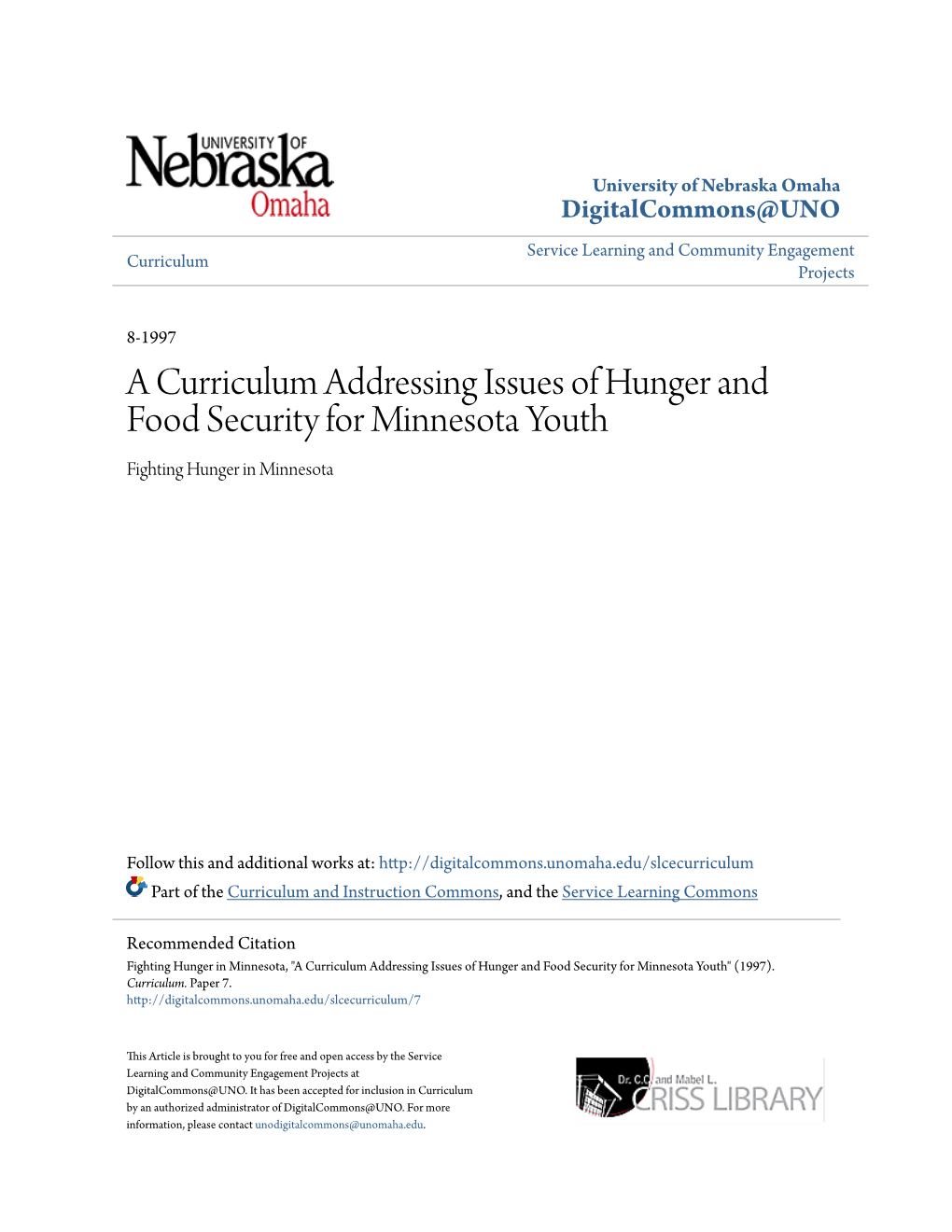 A Curriculum Addressing Issues of Hunger and Food Security for Minnesota Youth Fighting Hunger in Minnesota