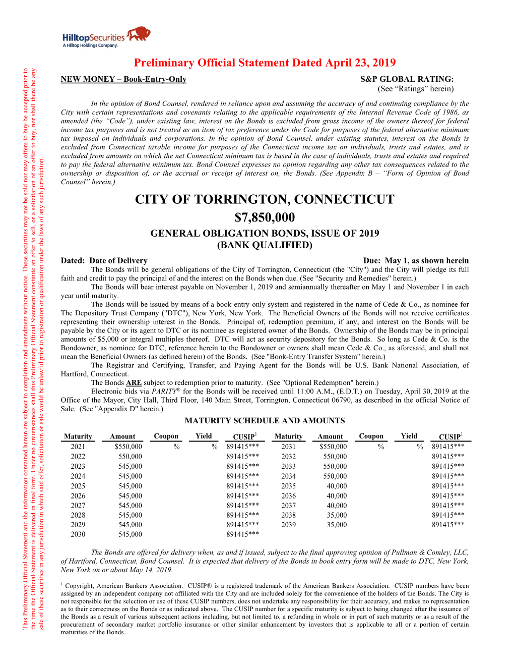 City of Torrington, Connecticut $7,850,000 General Obligation Bonds, Issue of 2019 (Bank Qualified) Book-Entry-Only